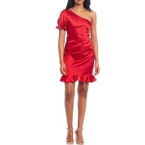 B Darlin Cranberry Red One Shoulder Puff Sleeve Ruched Satin Semi Formal Dress